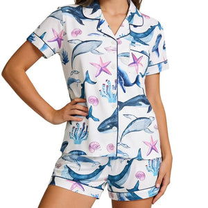 Ocean Whale & Starfish Print Pajama Set — Short Sleeve Lapel Top & Shorts Loungewear for Women by The Mississippi Mermaid