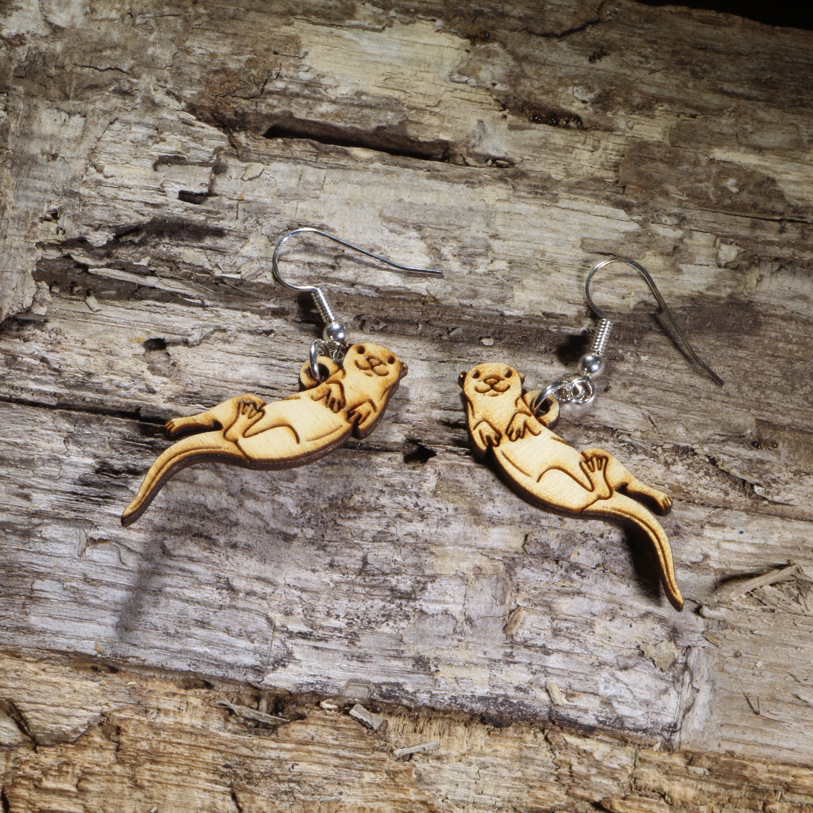 Sea Otter Wooden Dangle Earrings | Ocean Wildlife Jewelry