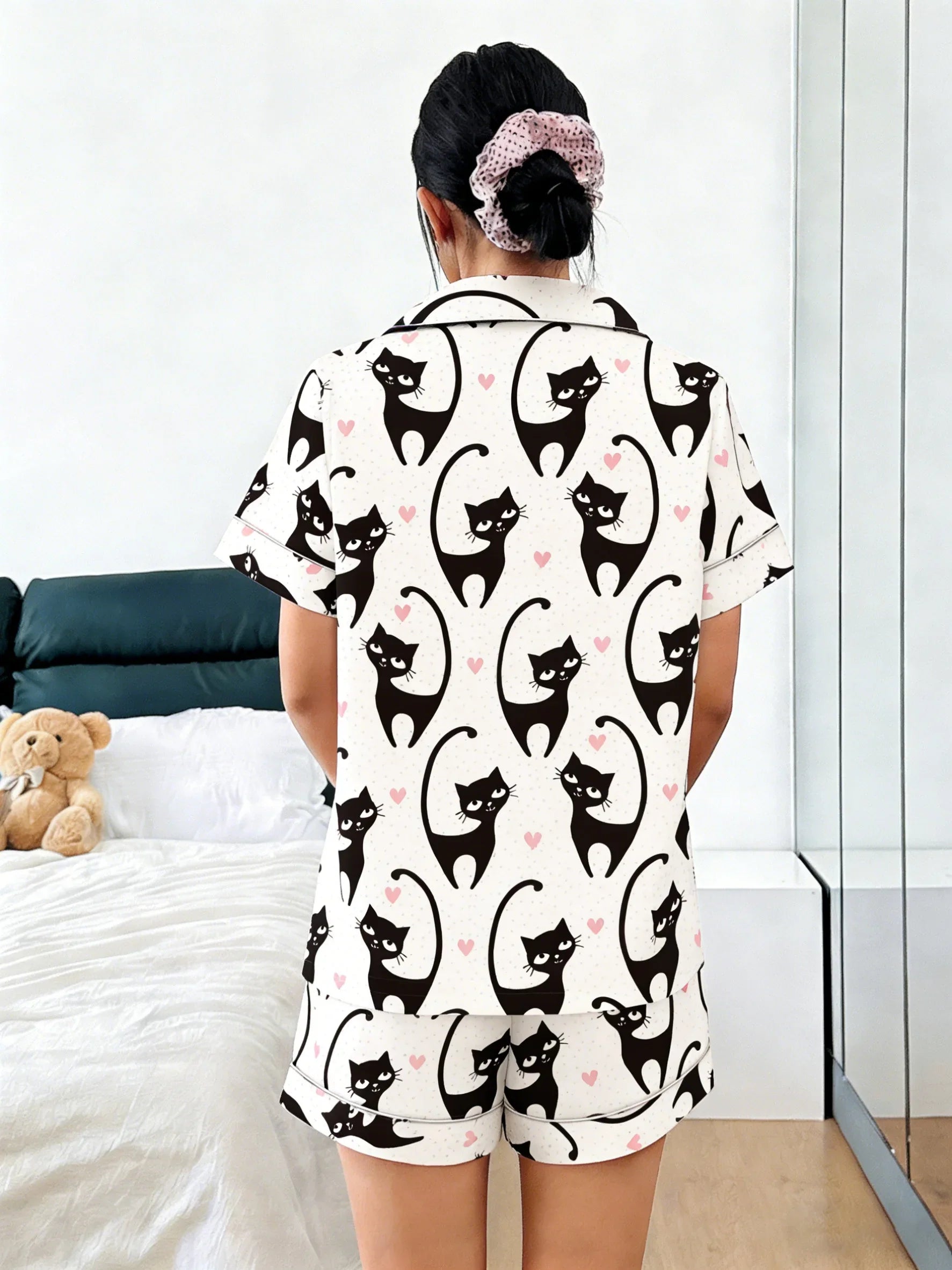 Black Cat & Hearts Women's Pajama Set — Short Sleeve Top & Shorts by The Mississippi Mermaid Mercantile - view 5