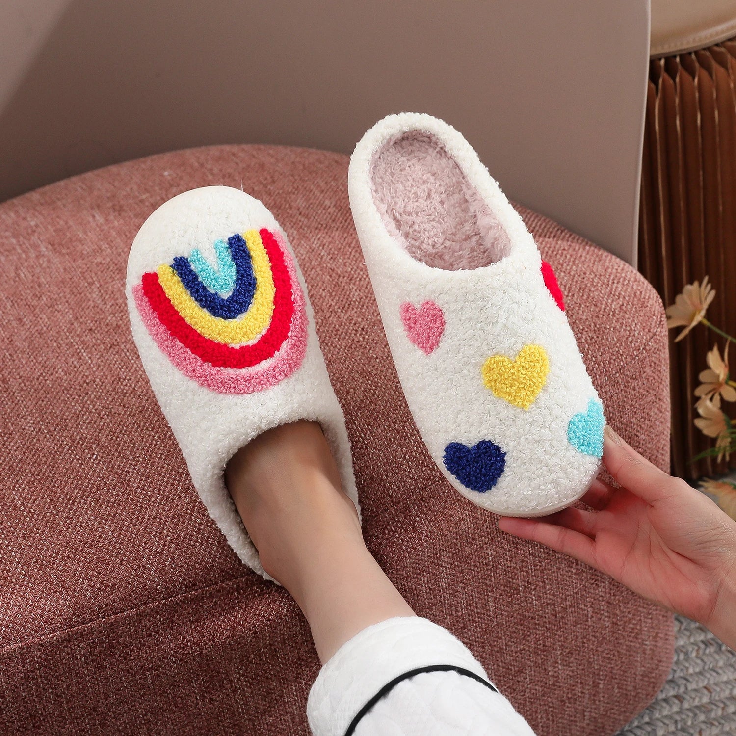 Women's Rainbow Heart Embroidered Plush Slippers — Soft Furry Indoor House Shoes by The Mississippi Mermaid Mercantile - view