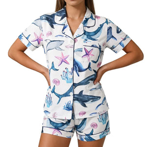 Ocean Whale & Starfish Print Pajama Set — Short Sleeve Lapel Top & Shorts Loungewear for Women by The Mississippi Mermaid