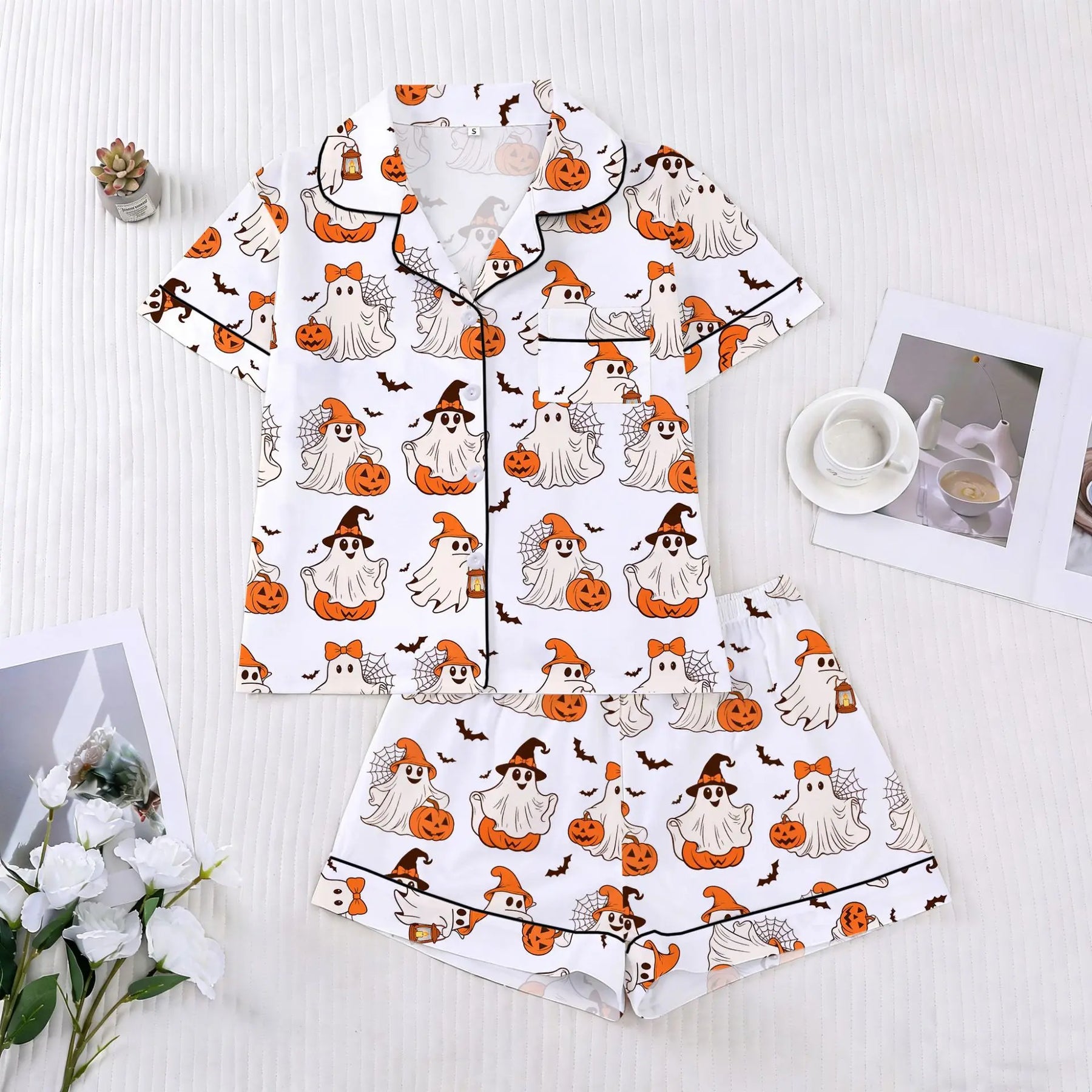 Halloween Ghost & Pumpkin Women's Pajama Set — Short Sleeve Top & Shorts by The Mississippi Mermaid Mercantile - view 6