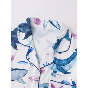 Ocean Whale & Starfish Print Pajama Set — Short Sleeve Lapel Top & Shorts Loungewear for Women by The Mississippi Mermaid