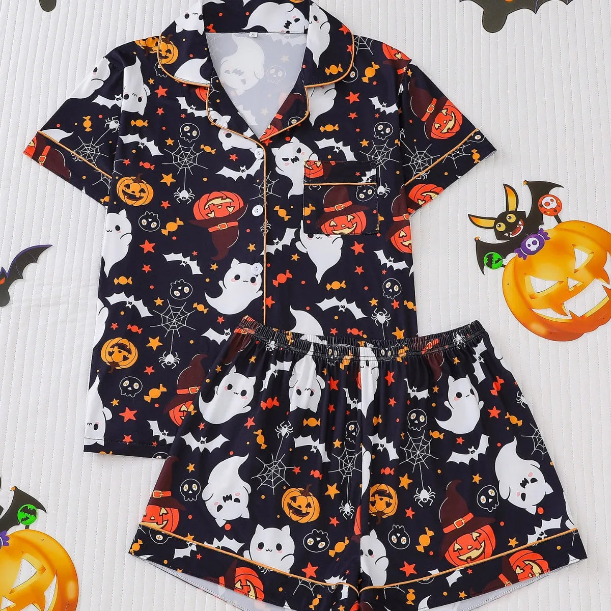 Halloween Ghost & Pumpkin Women's Pajama Set — Short Sleeve Top & Shorts by The Mississippi Mermaid Mercantile - view 21