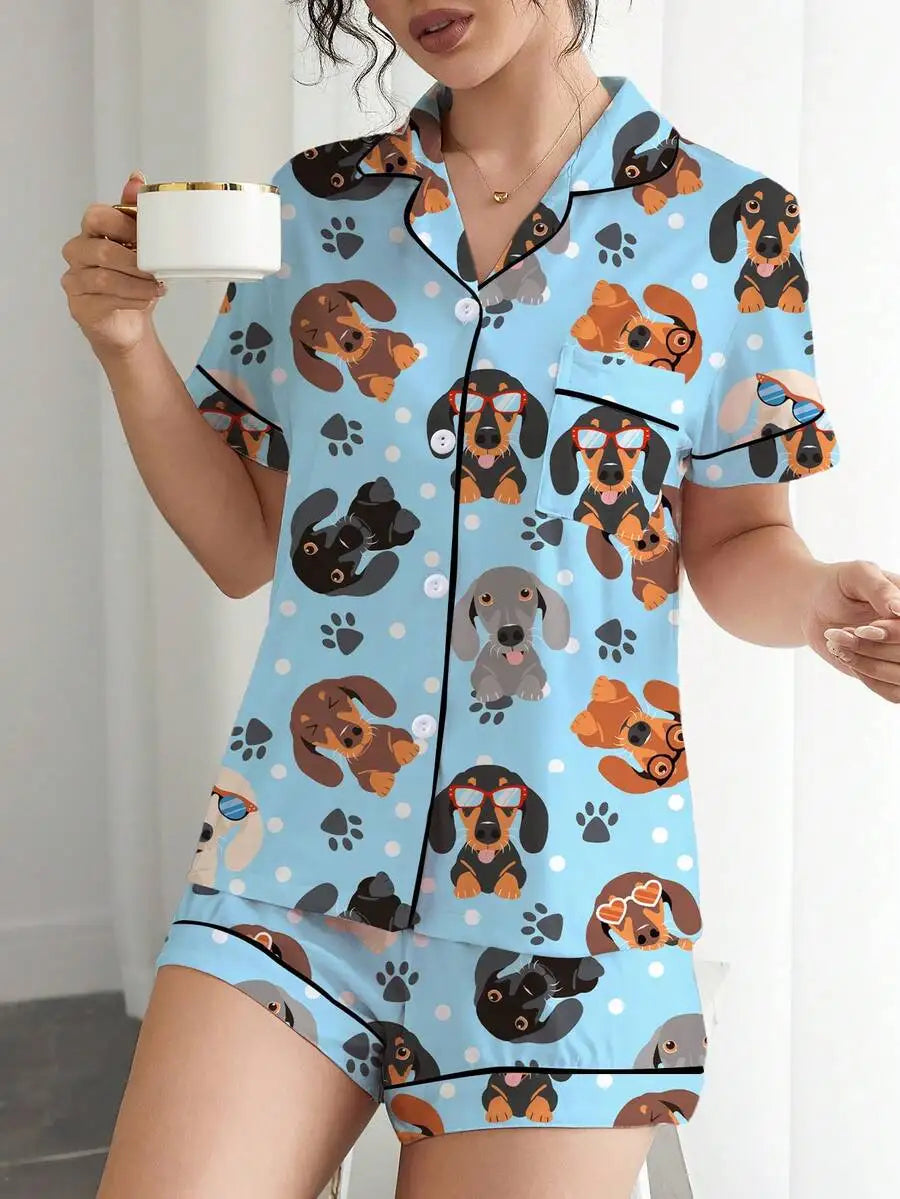 Dachshund in Glasses Women's Pajama Set — Short Sleeve Top & Shorts by The Mississippi Mermaid Mercantile - view 2