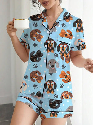 Dachshund in Glasses Women's Pajama Set — Short Sleeve Top & Shorts by The Mississippi Mermaid Mercantile - view 2