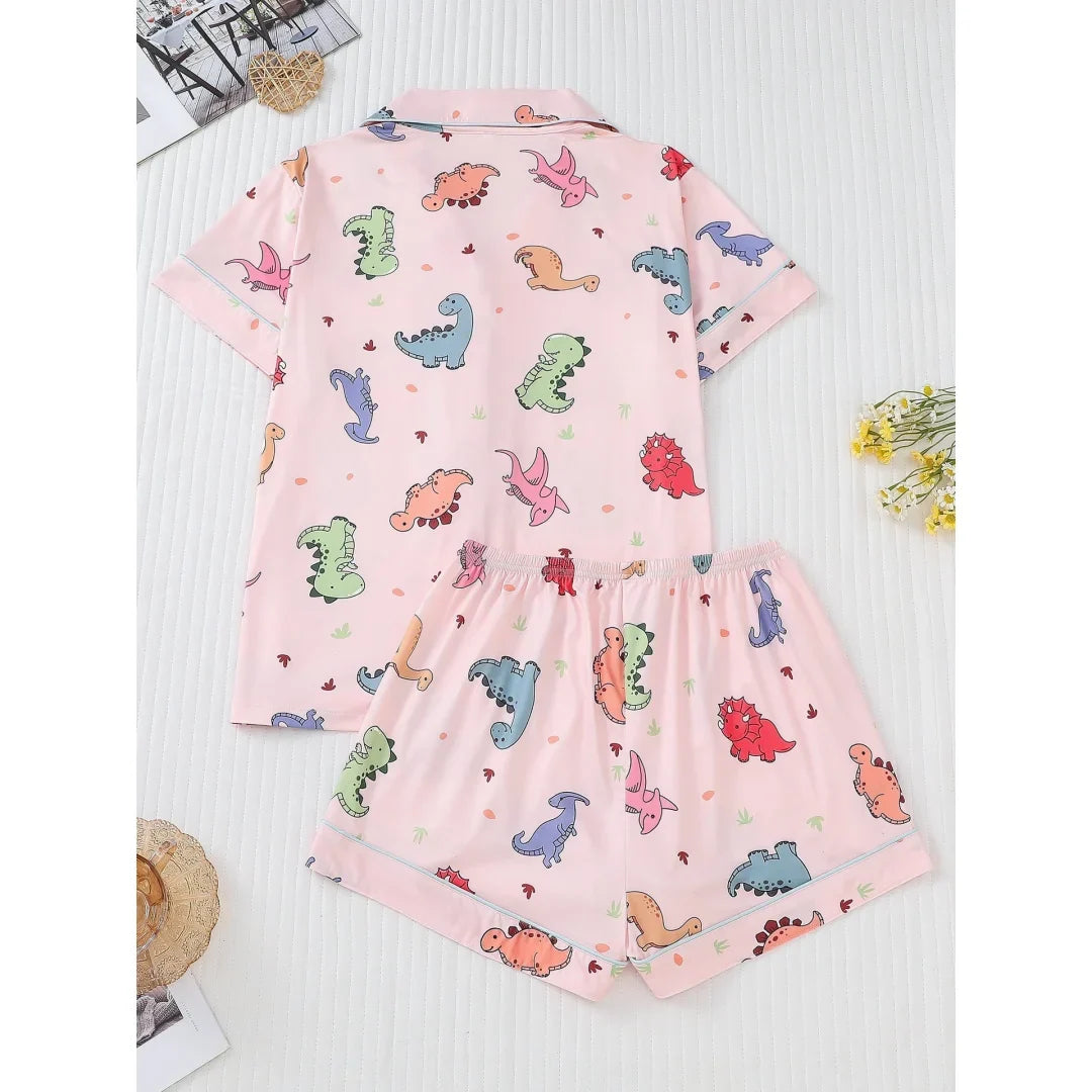 Cartoon Dinosaur Print Women's Pajama Set — Short Sleeve Top & Shorts by The Mississippi Mermaid Mercantile - view 2