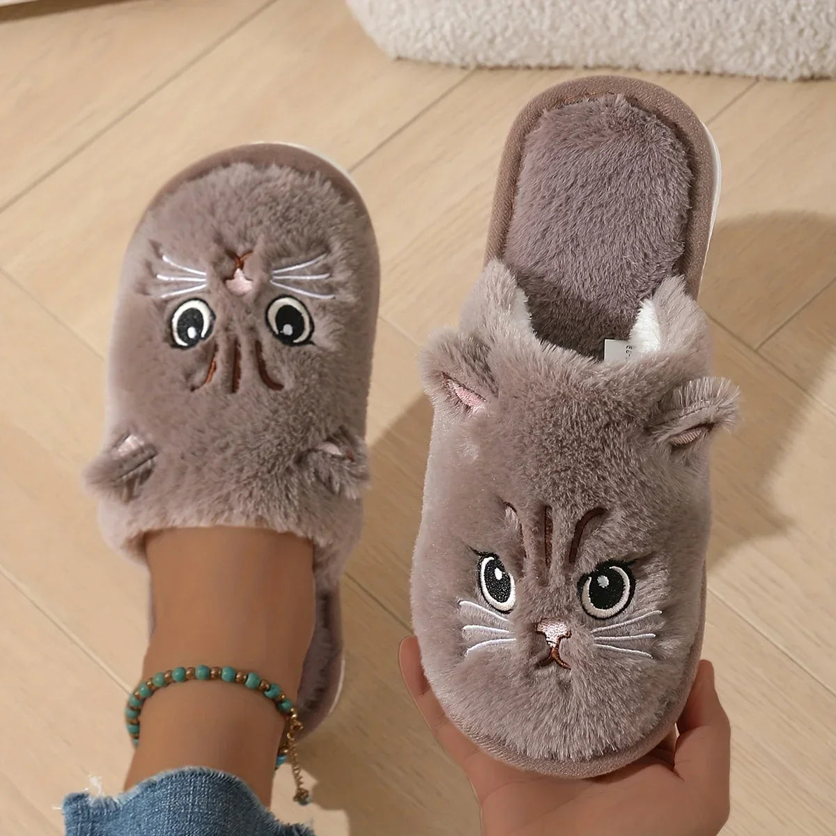 Cute Plush Cat Slippers Winter Warm Cozy Indoor House Shoes Soft EVA Sole Non-Slip Design by The Mississippi Mermaid