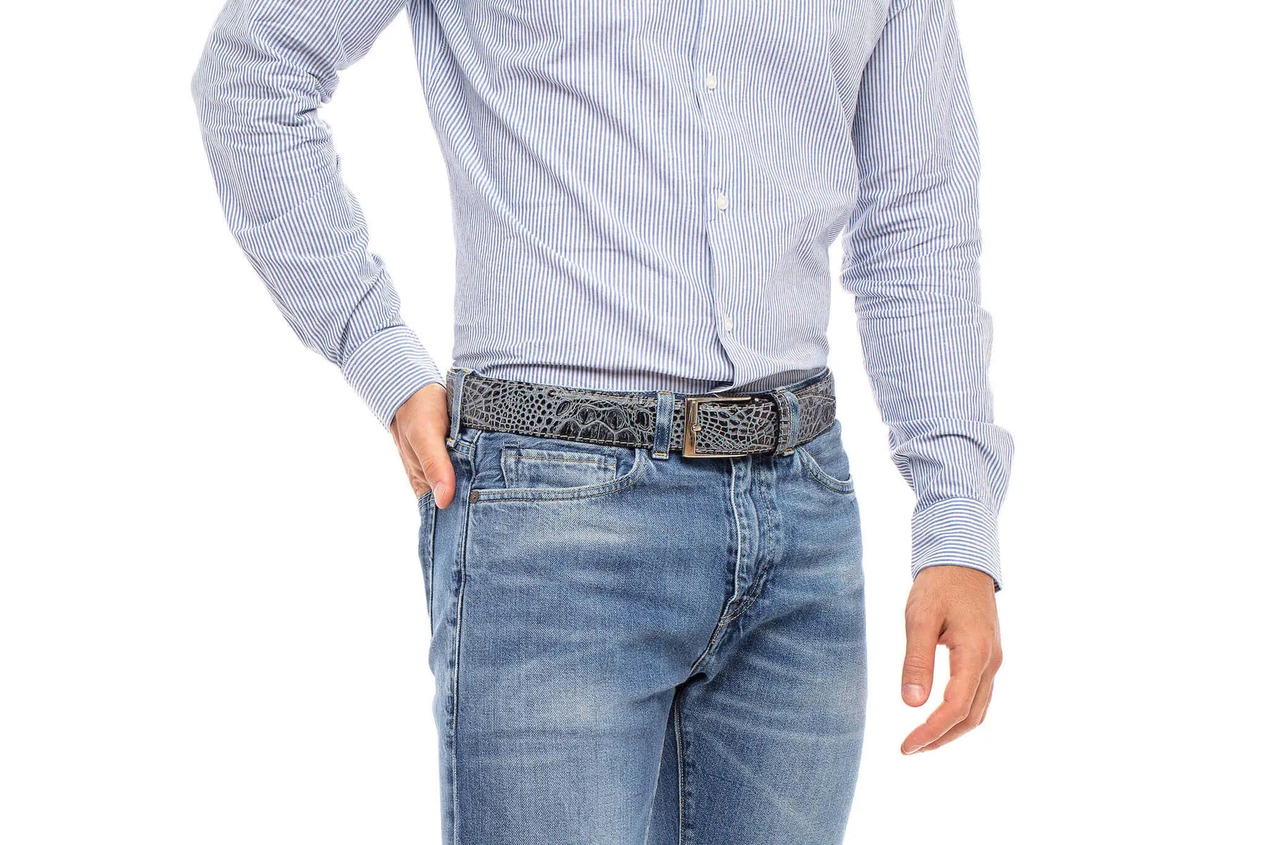 Shadow Mock Crocodile Leather Belt by Roger Ximenez: Bespoke Belts and Leather Accessories, handmade leather goods detail photo 2