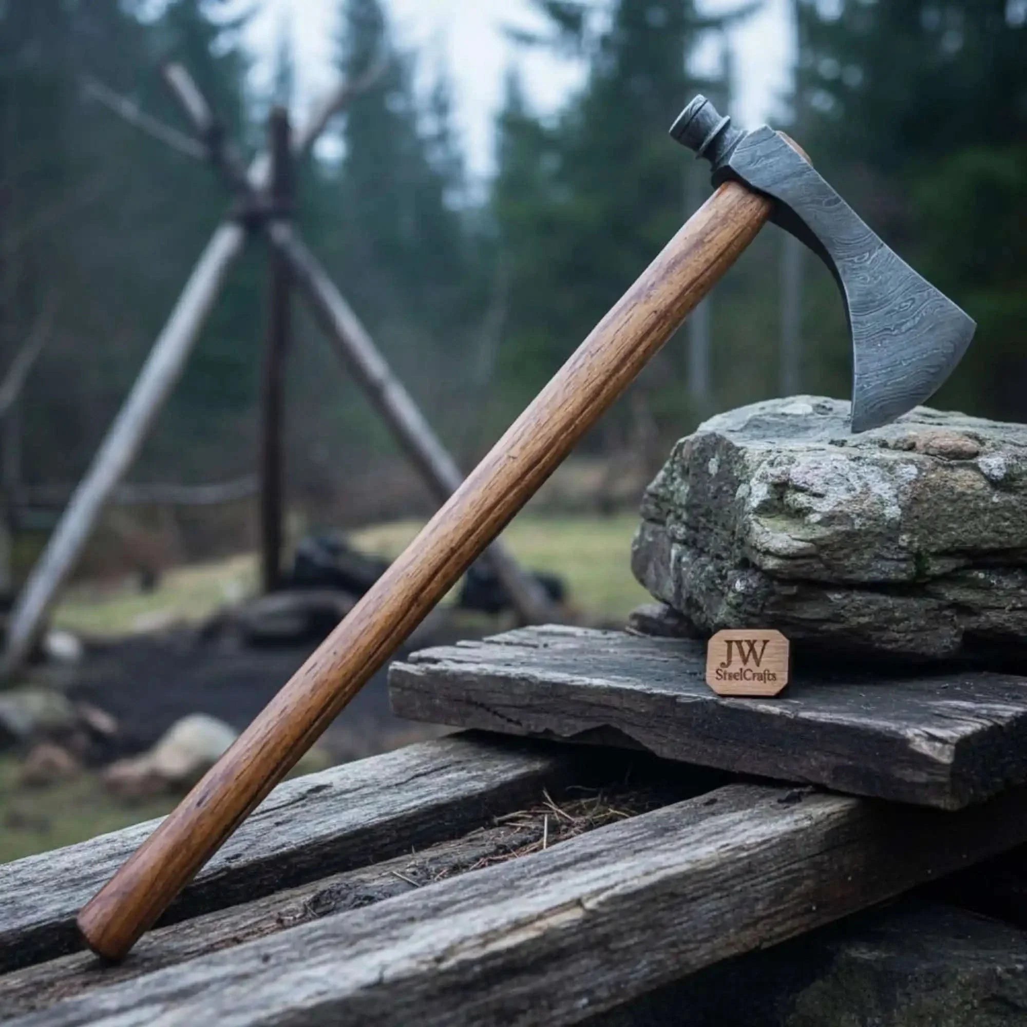 Smoking Bushcraft Axe for Camping, Woodcraft and Trail Chopping by JW SteelCrafts, handmade axe detail photo 2