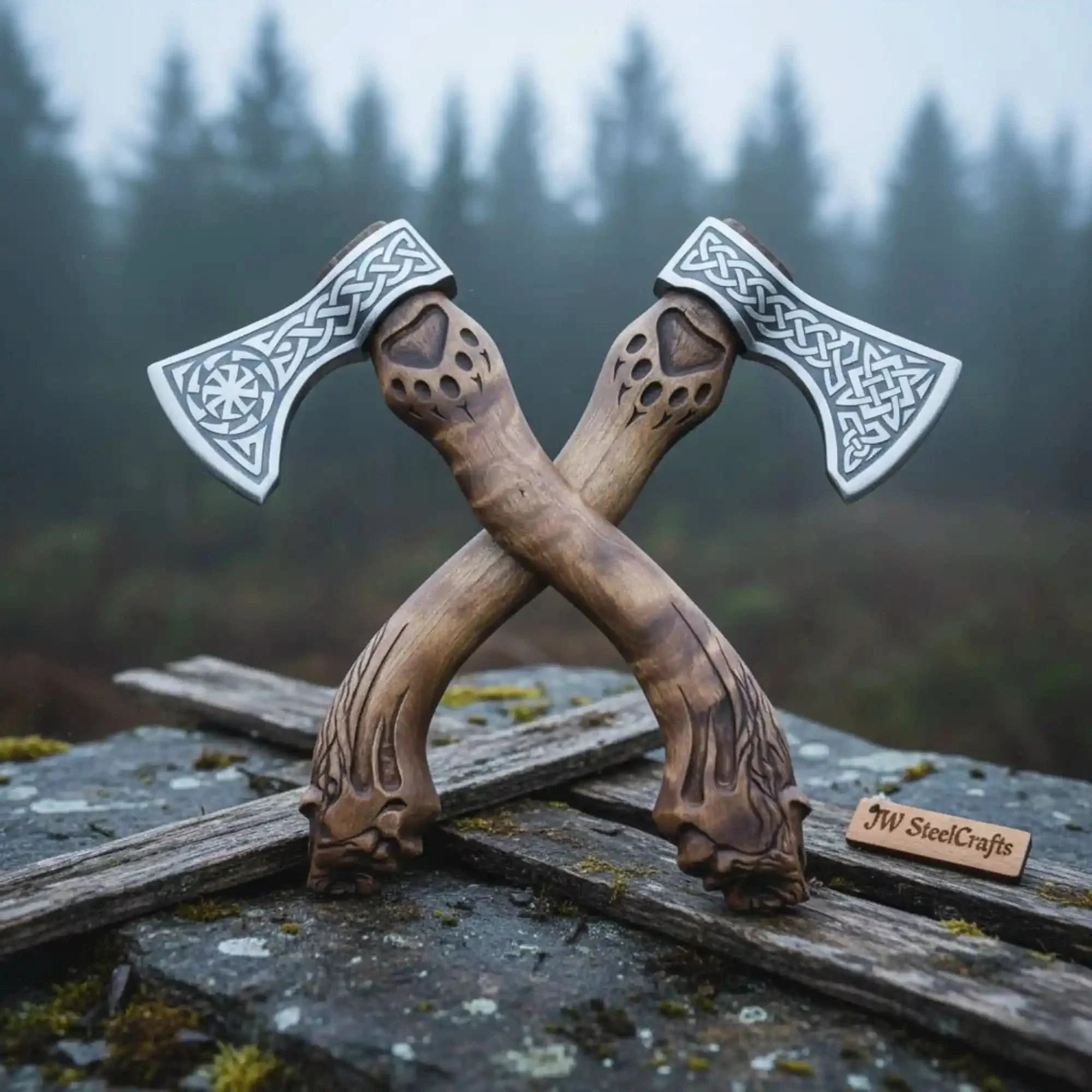Hand Engraved Norse Viking Bearded Axe Set – Celtic Knot Steel Heads with Carved Hardwood Handles by JW SteelCrafts, Southern lifestyle apparel detail photo 2