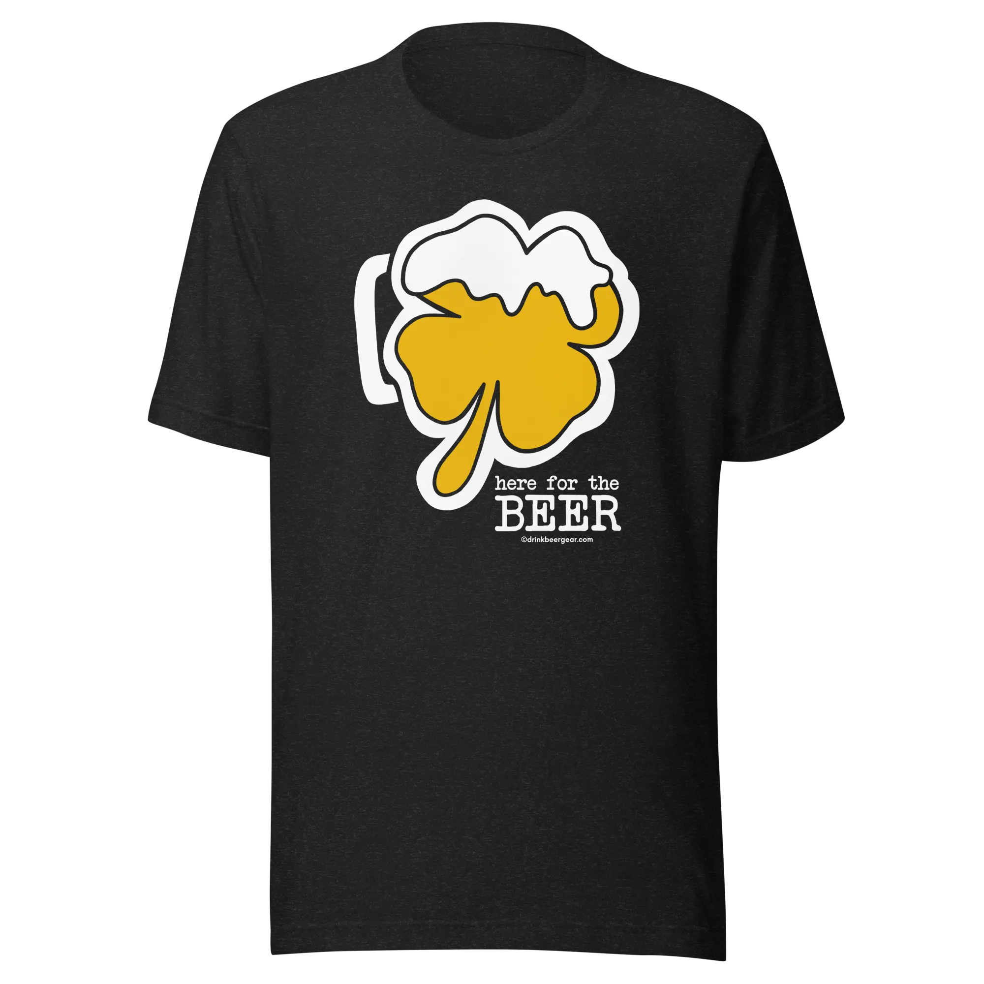 Black t-shirt featuring a shamrock shaped like a beer mug with the words "here for the beer," St. Patrick's Day apparel.