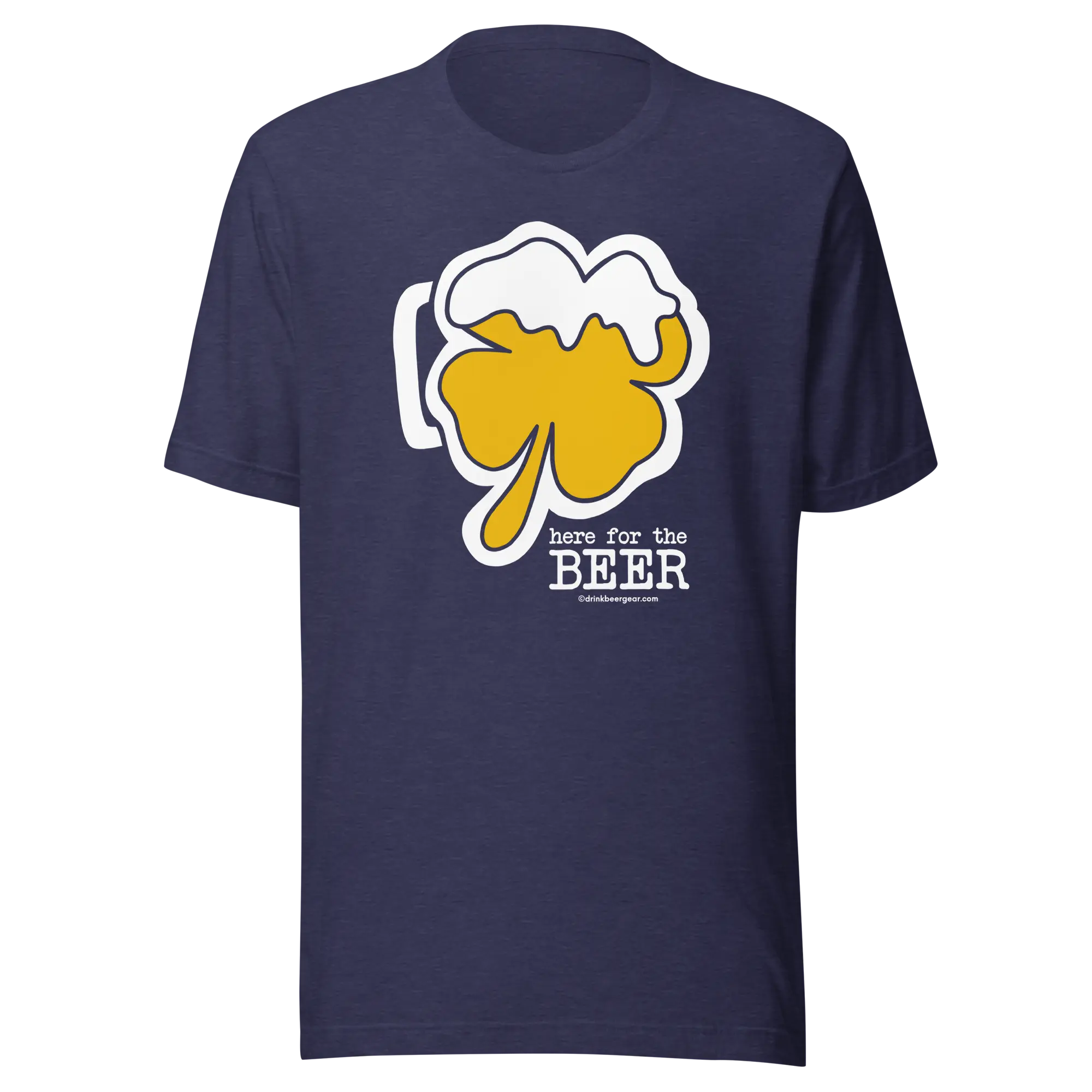 Navy blue t-shirt with a shamrock beer mug graphic and "here for the beer" text.