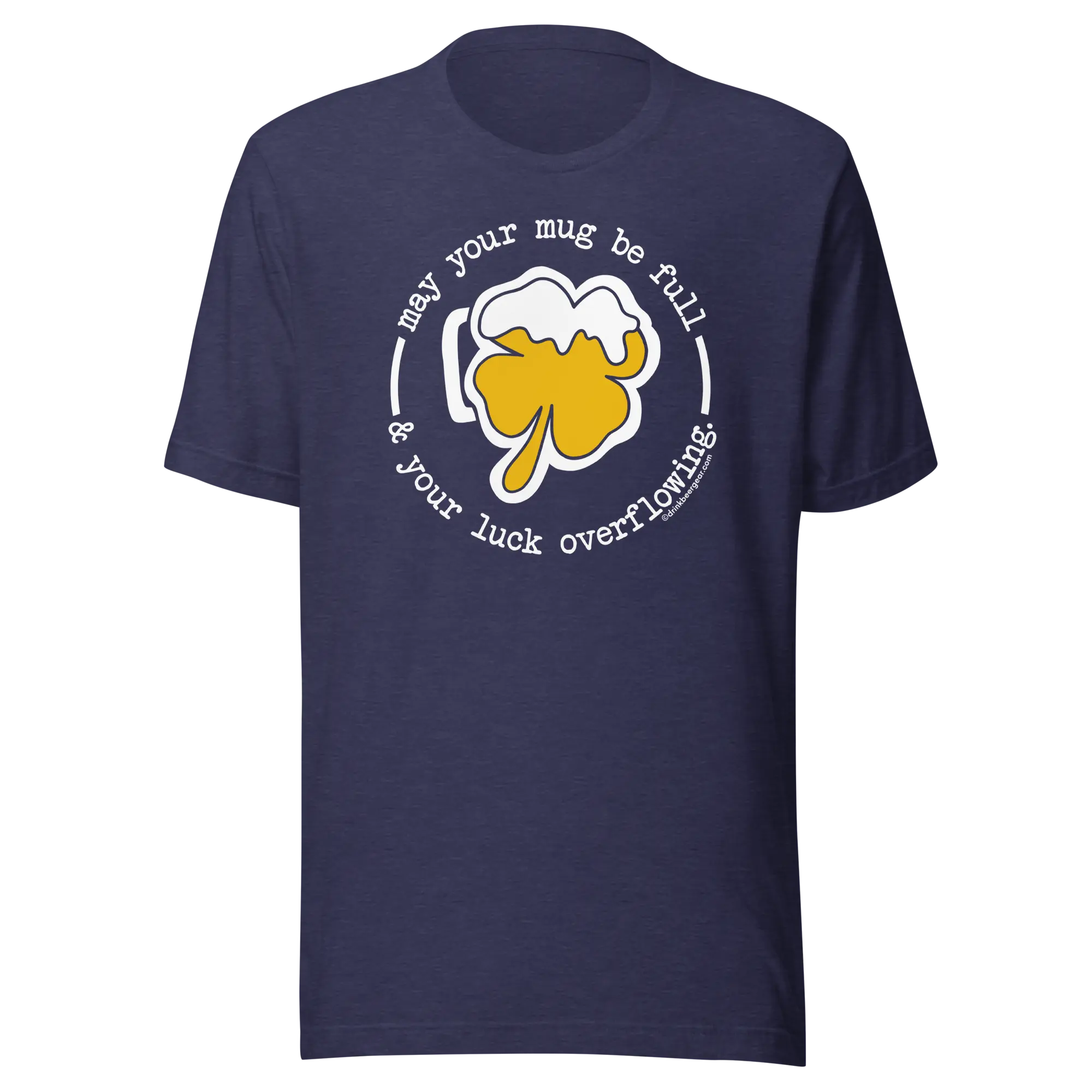 Navy blue t-shirt with a shamrock beer mug graphic and the text "May your mug be full & your luck overflowing."