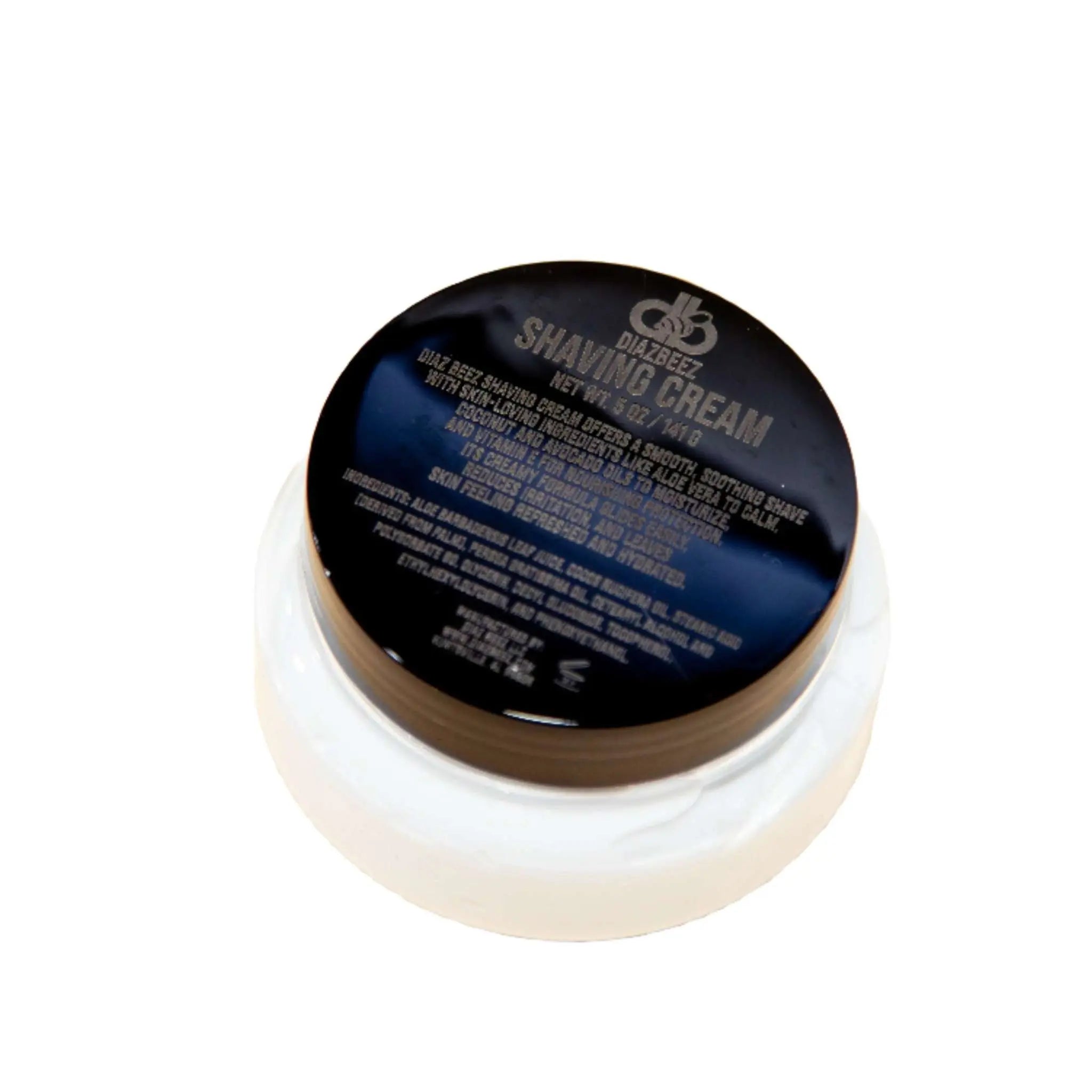 Diaz Beez shaving cream in a white jar with a black lid showing product information and brand logo.