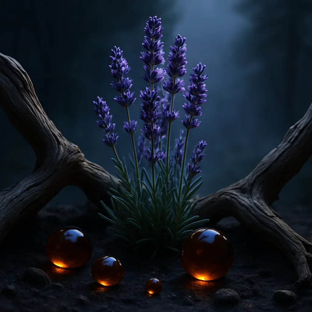 Lavender plant with bare branches and amber spheres on dark ground.