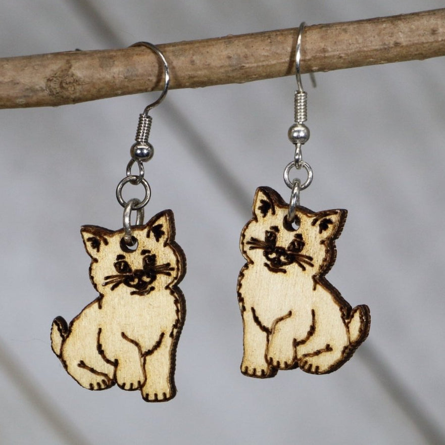 Sitting Kitten Wooden Dangle Earrings | Cute Cat Jewelry