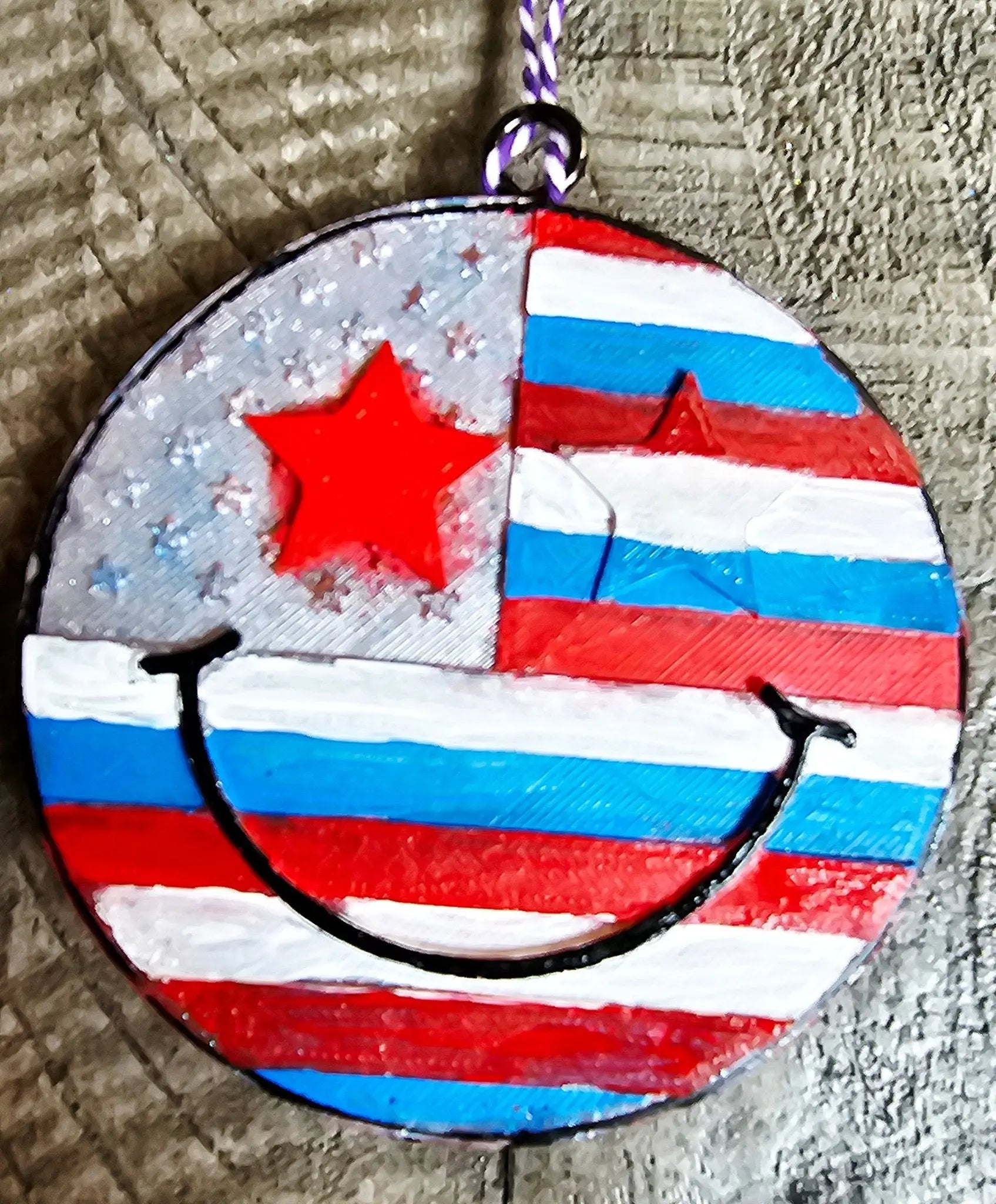 American flag smiley face car freshie, handmade aroma bead air freshener, patriotic car decor.