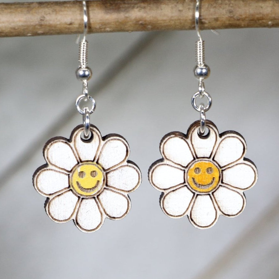 Smiley Daisy Wooden Earrings | Retro Flower Happy Face Jewelry