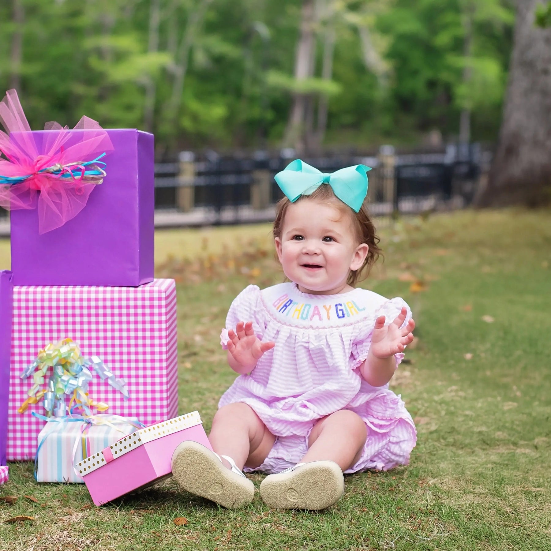 Smocked Birthday Girl Bubble by Seven Lantern Lane, children's boutique clothing detail photo 8