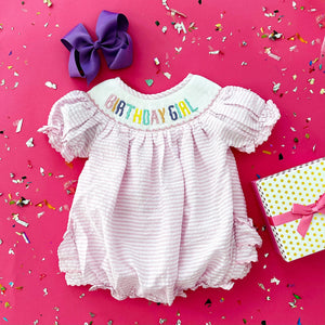 Smocked Birthday Girl Bubble by Seven Lantern Lane, children's boutique clothing detail photo 11