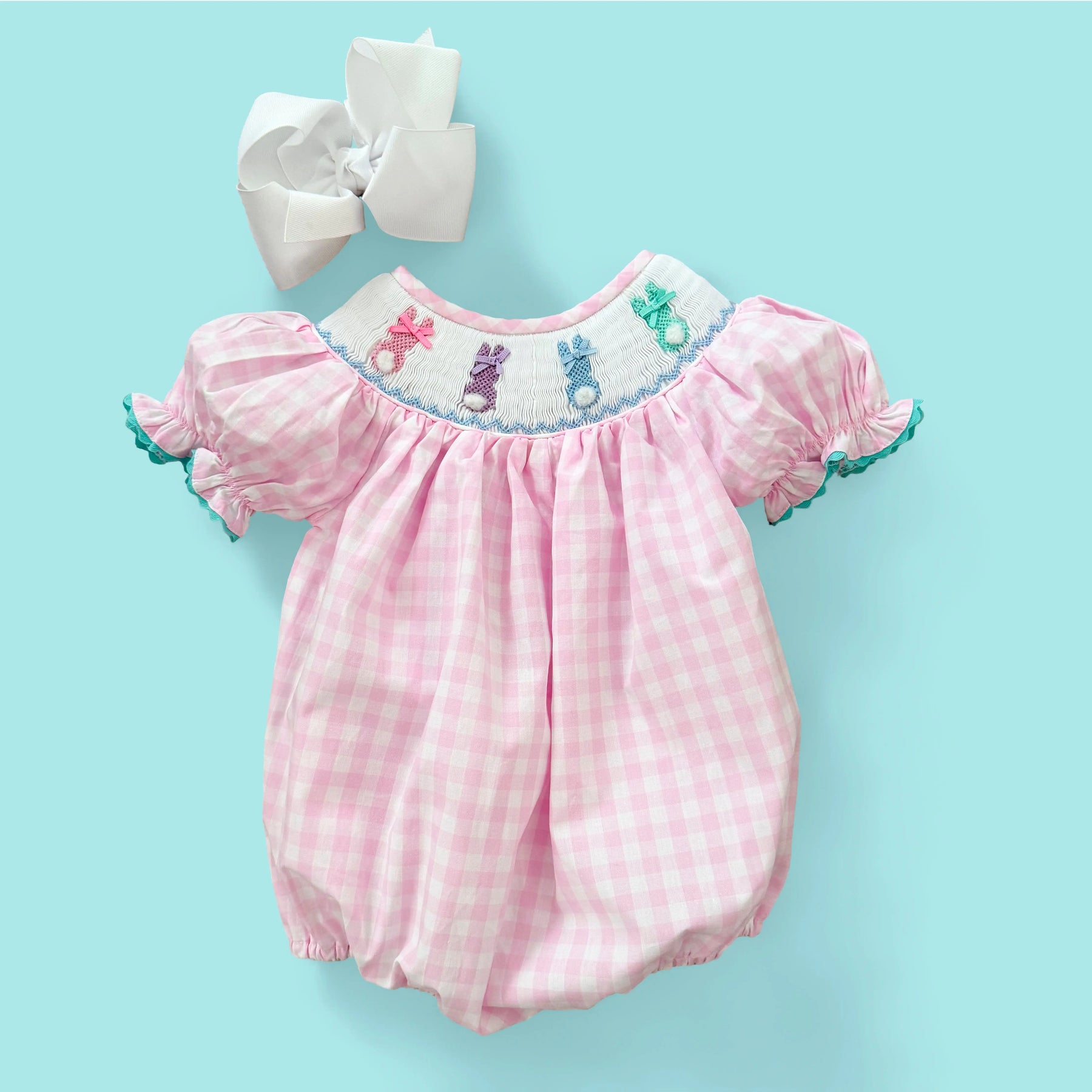 Smocked Pink Bunny Bubble by Seven Lantern Lane, children's boutique clothing main product photo