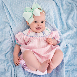 Smocked Pink Bunny Bubble by Seven Lantern Lane, children's boutique clothing detail photo 2