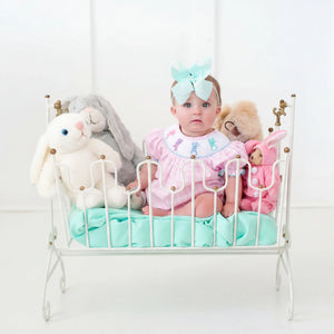 Smocked Pink Bunny Bubble by Seven Lantern Lane, children's boutique clothing detail photo 6