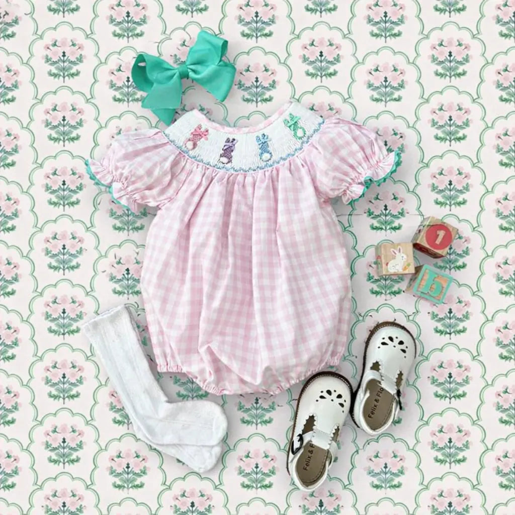 Smocked Pink Bunny Bubble by Seven Lantern Lane, children's boutique clothing detail photo 8