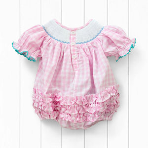 Smocked Pink Bunny Bubble by Seven Lantern Lane, children's boutique clothing detail photo 9