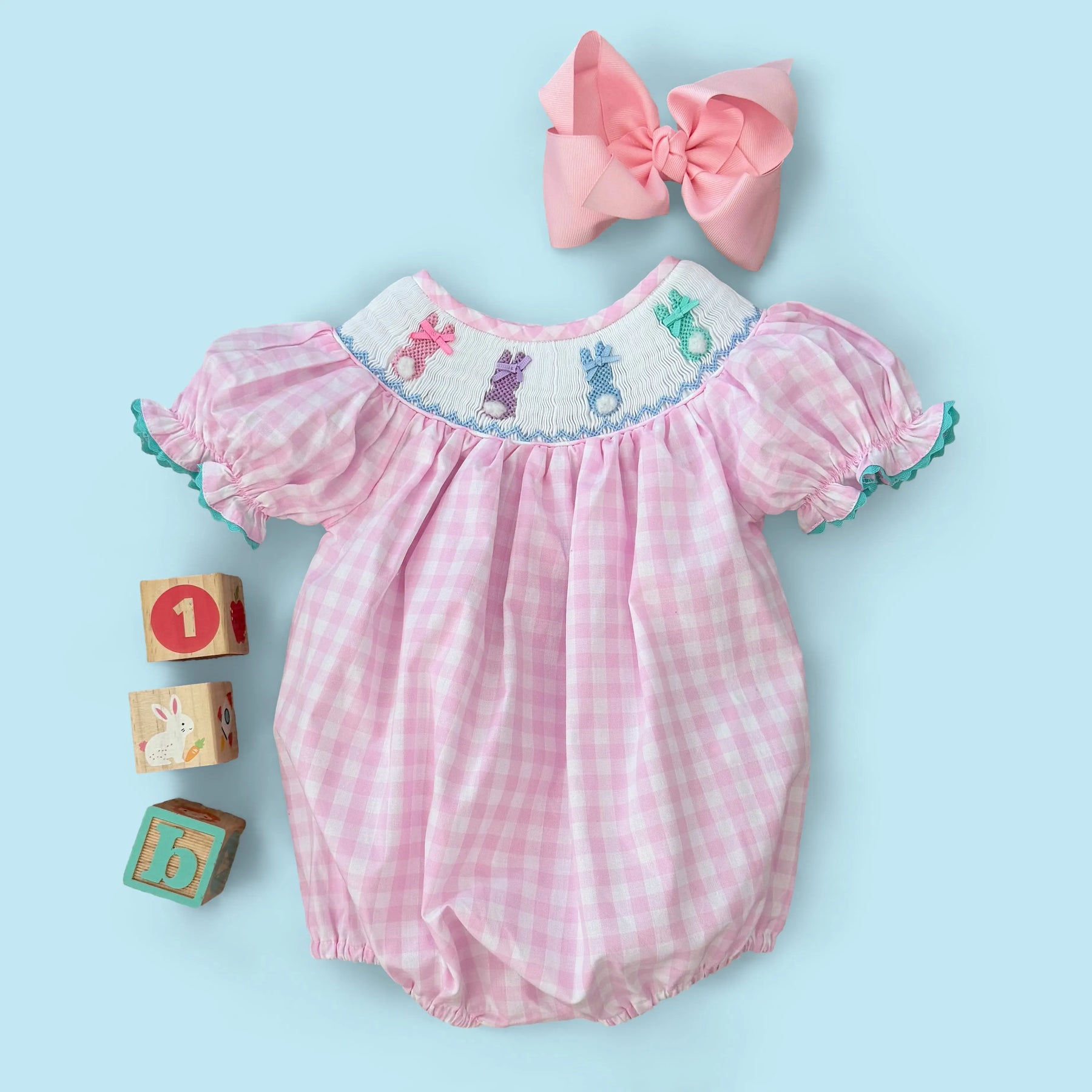 Smocked Pink Bunny Bubble by Seven Lantern Lane, children's boutique clothing detail photo 12