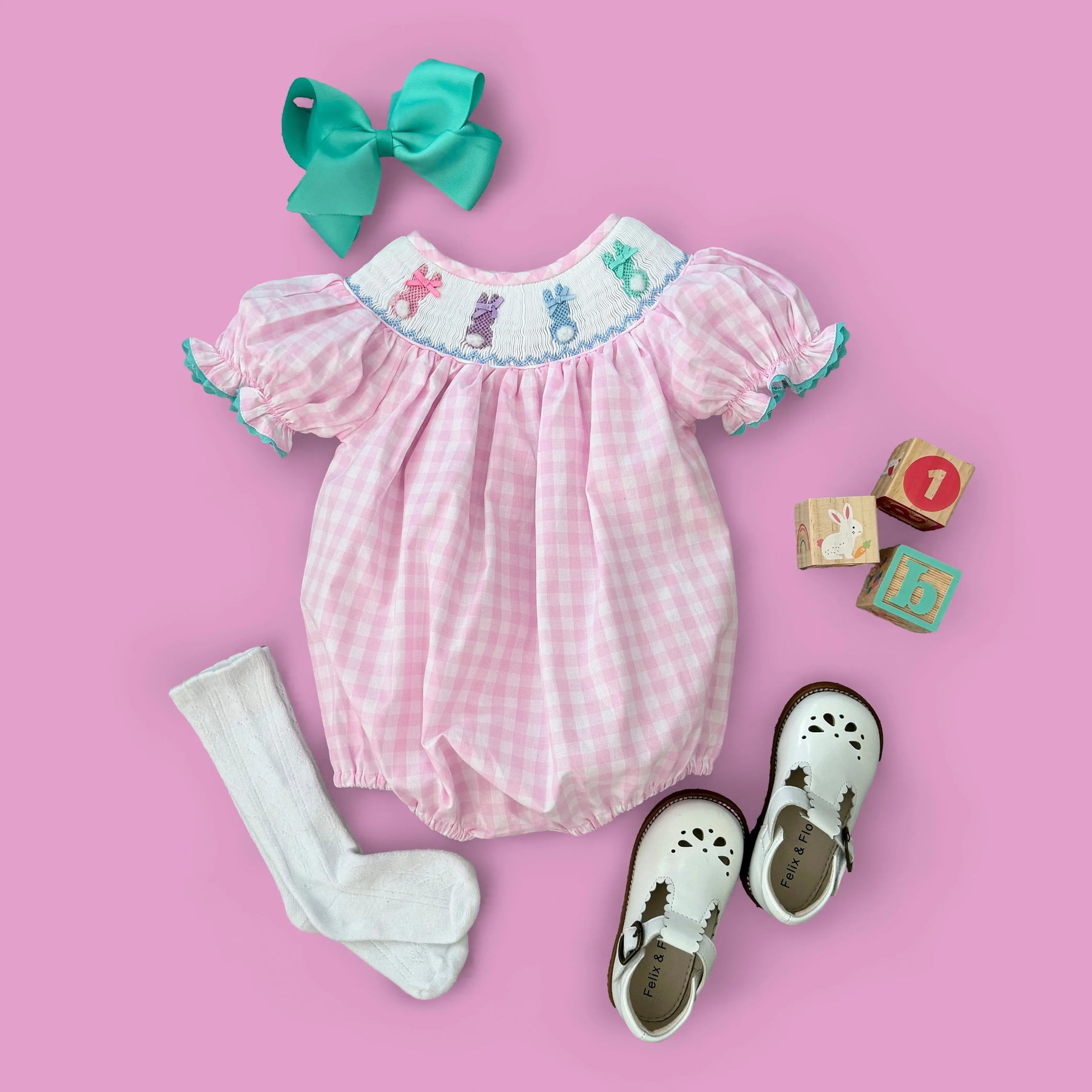 Smocked Pink Bunny Bubble by Seven Lantern Lane, children's boutique clothing detail photo 15