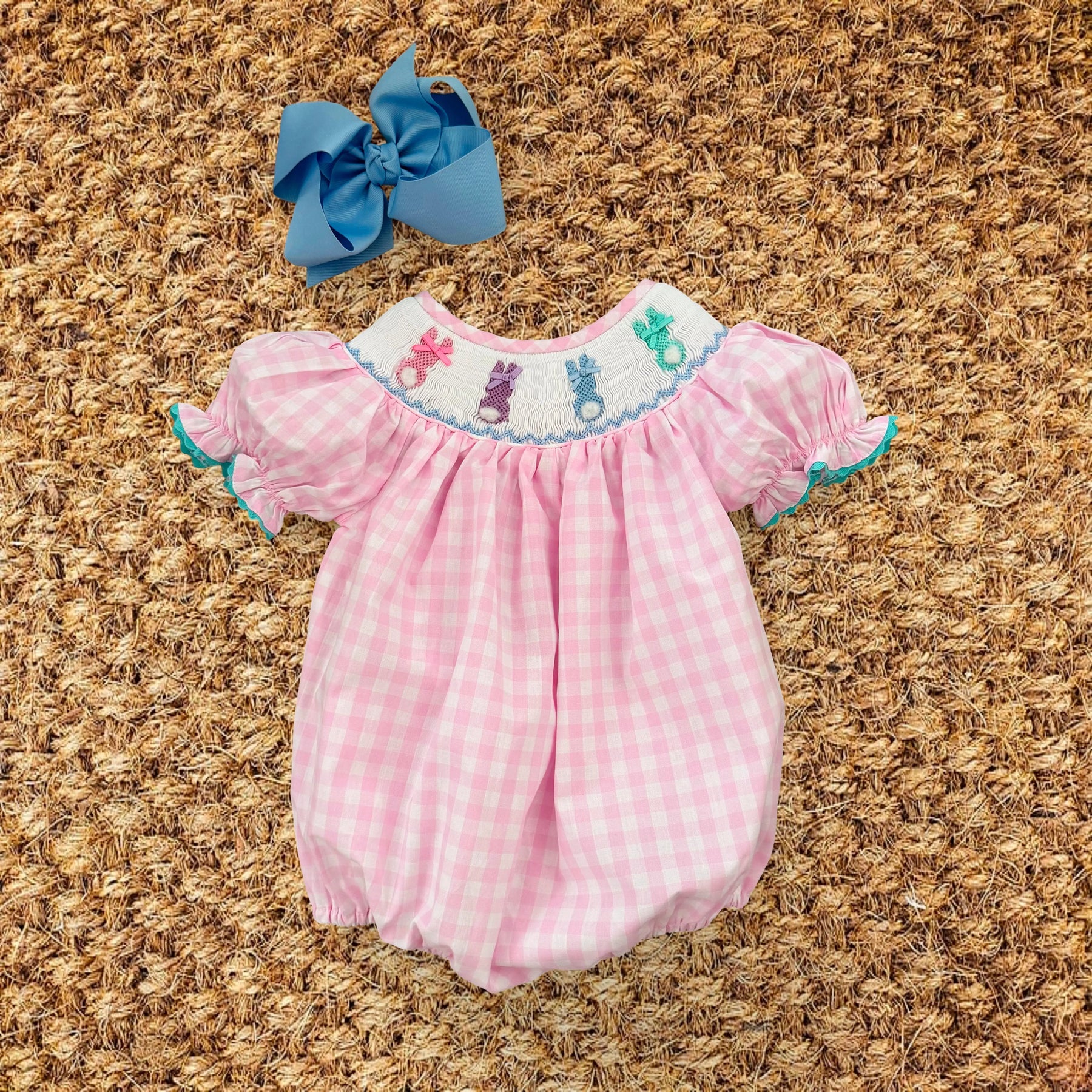 Smocked Pink Bunny Bubble by Seven Lantern Lane, children's boutique clothing detail photo 16