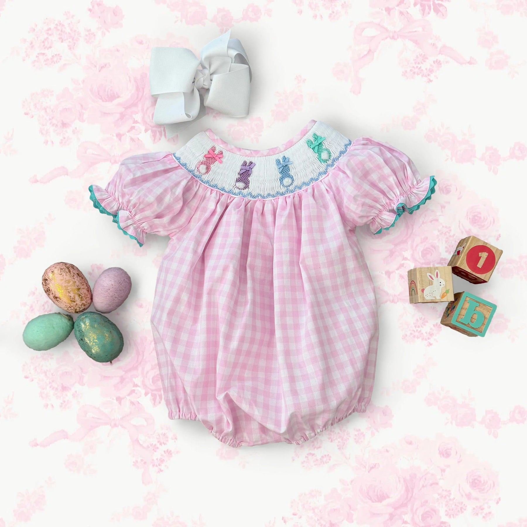 Smocked Pink Bunny Bubble by Seven Lantern Lane, children's boutique clothing detail photo 17