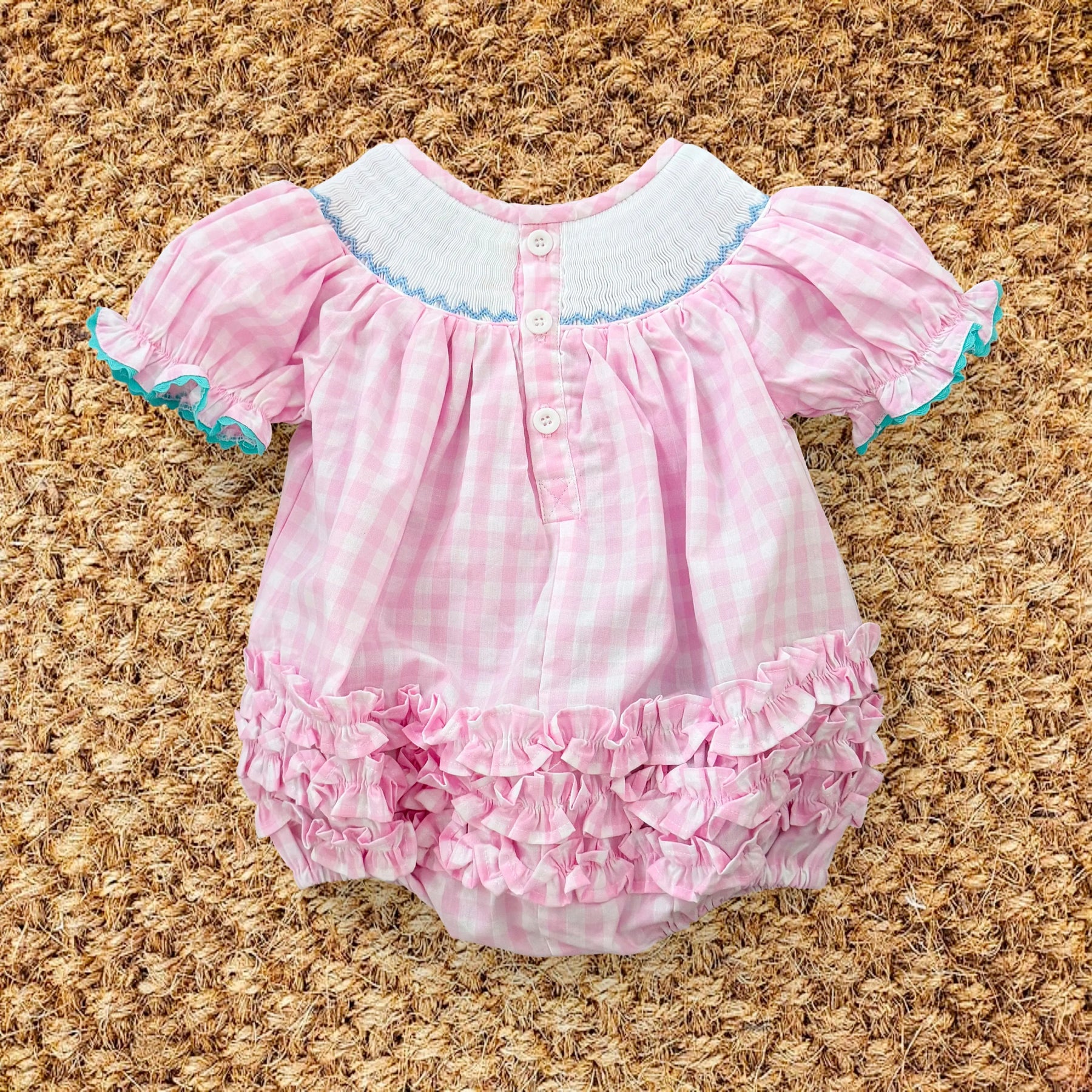 Smocked Pink Bunny Bubble by Seven Lantern Lane, children's boutique clothing detail photo 18