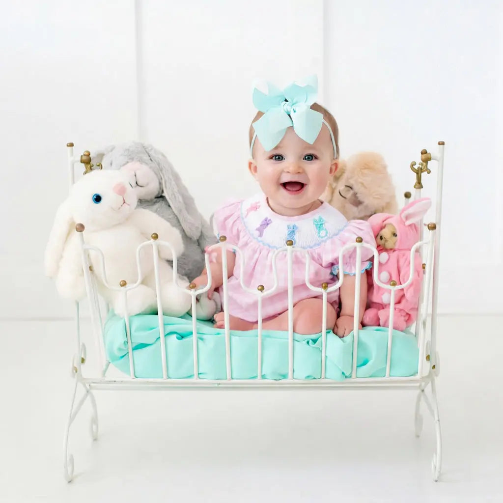 Smocked Pink Bunny Bubble by Seven Lantern Lane, children's boutique clothing detail photo 19