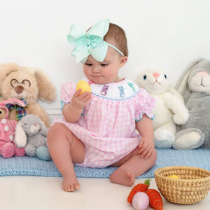 Smocked Pink Bunny Bubble by Seven Lantern Lane, children's boutique clothing detail photo 20