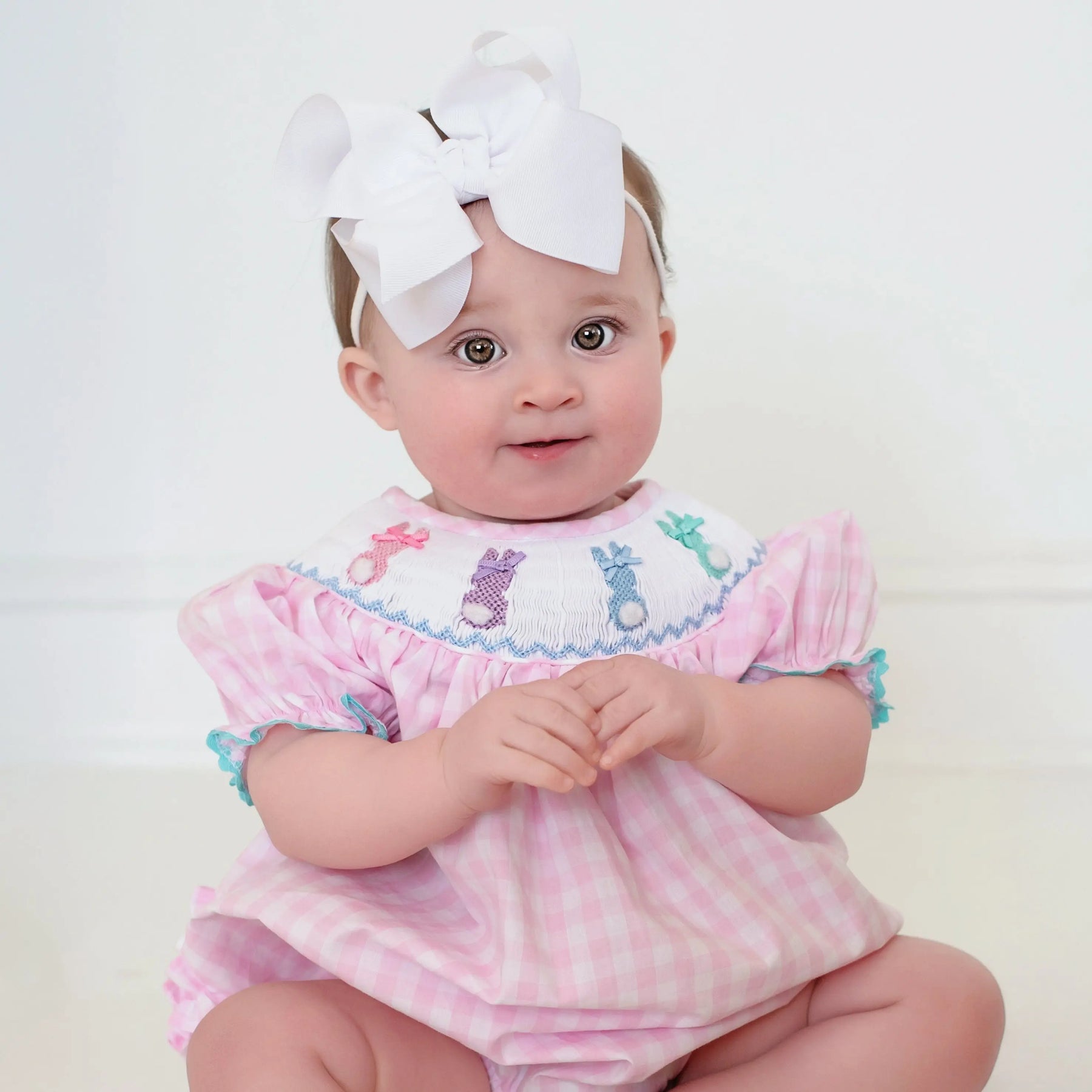 Smocked Pink Bunny Bubble by Seven Lantern Lane, children's boutique clothing detail photo 22