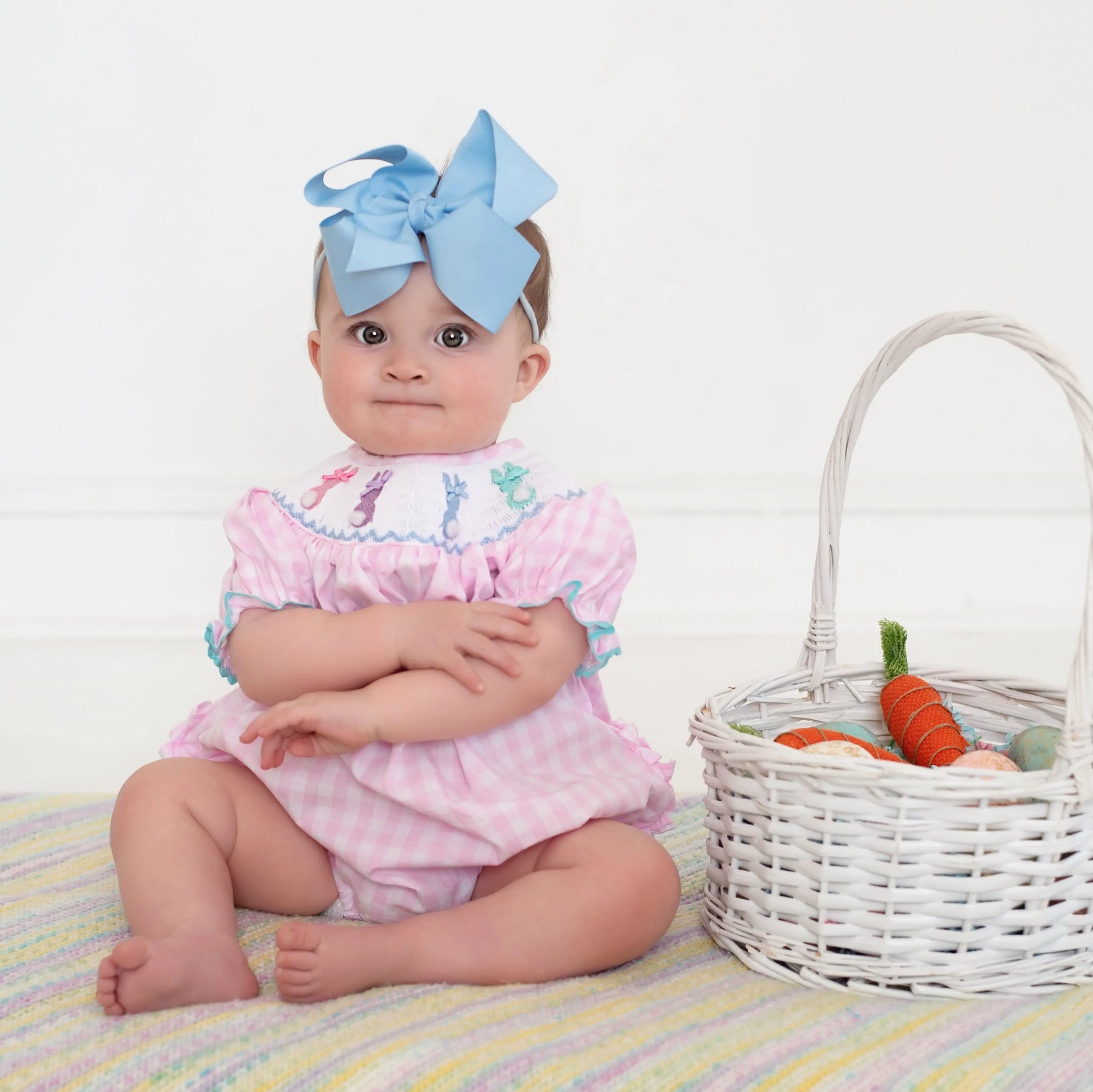 Smocked Pink Bunny Bubble by Seven Lantern Lane, children's boutique clothing detail photo 27