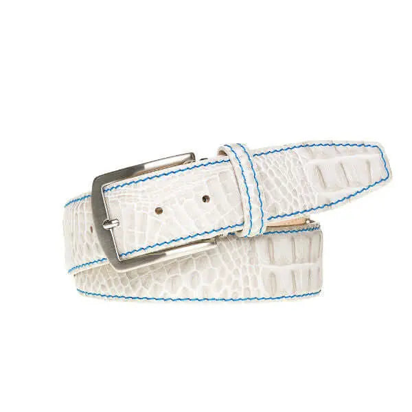 Close up of white mock croc leather belt texture and stitching