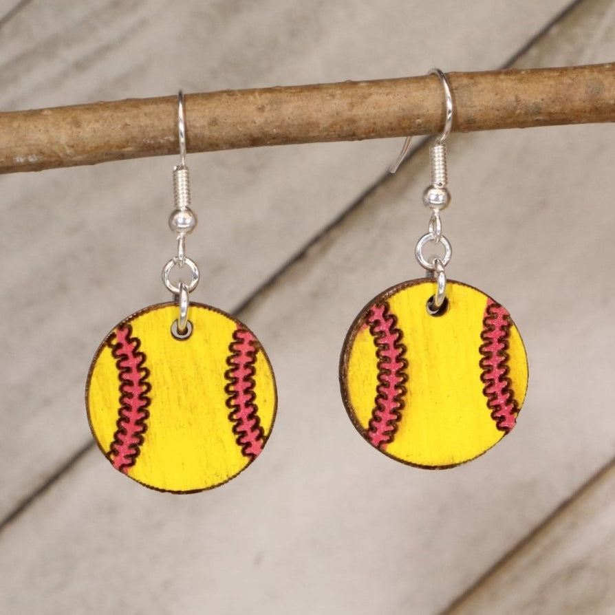 Softball Wooden Dangle Earrings | Sports Jewelry by Cate's Concepts, LLC, handmade jewelry main product photo