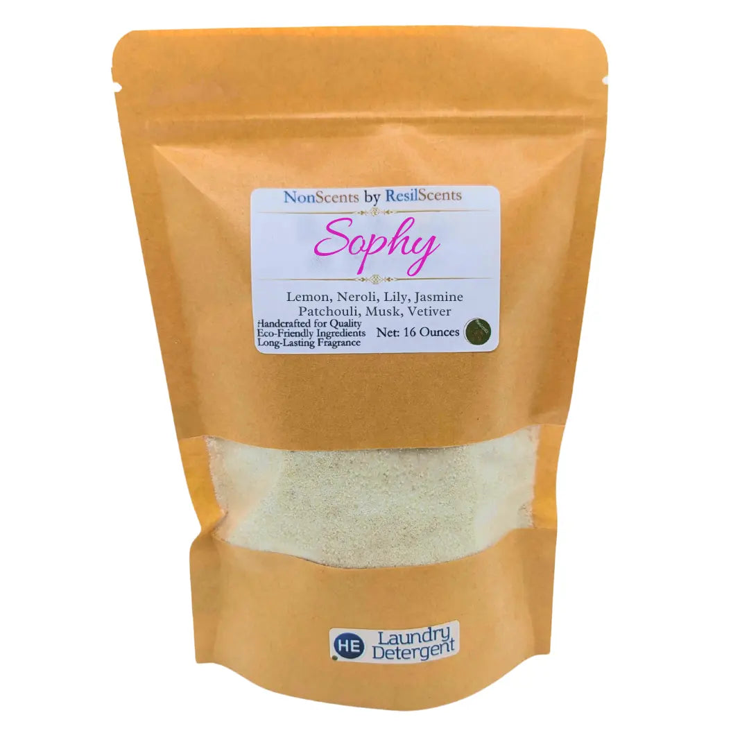 Bag of ResilScents Sophy laundry detergent with lemon, neroli, lily, jasmine, patchouli, musk, and vetiver scents.