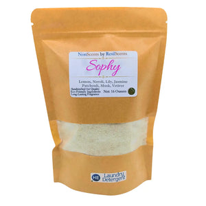 Bag of ResilScents Sophy laundry detergent with lemon, neroli, lily, jasmine, patchouli, musk, and vetiver scents.