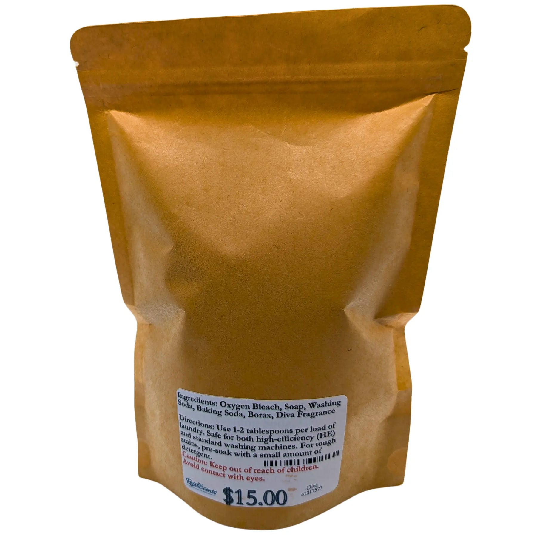 Brown paper bag of laundry detergent with ingredients label and price of $15.00 visible.