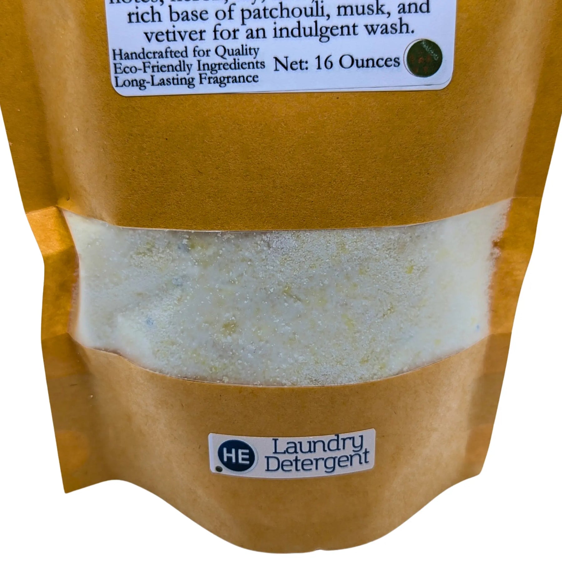 Laundry detergent in a brown bag labeled HE (High Efficiency) for washing machines.