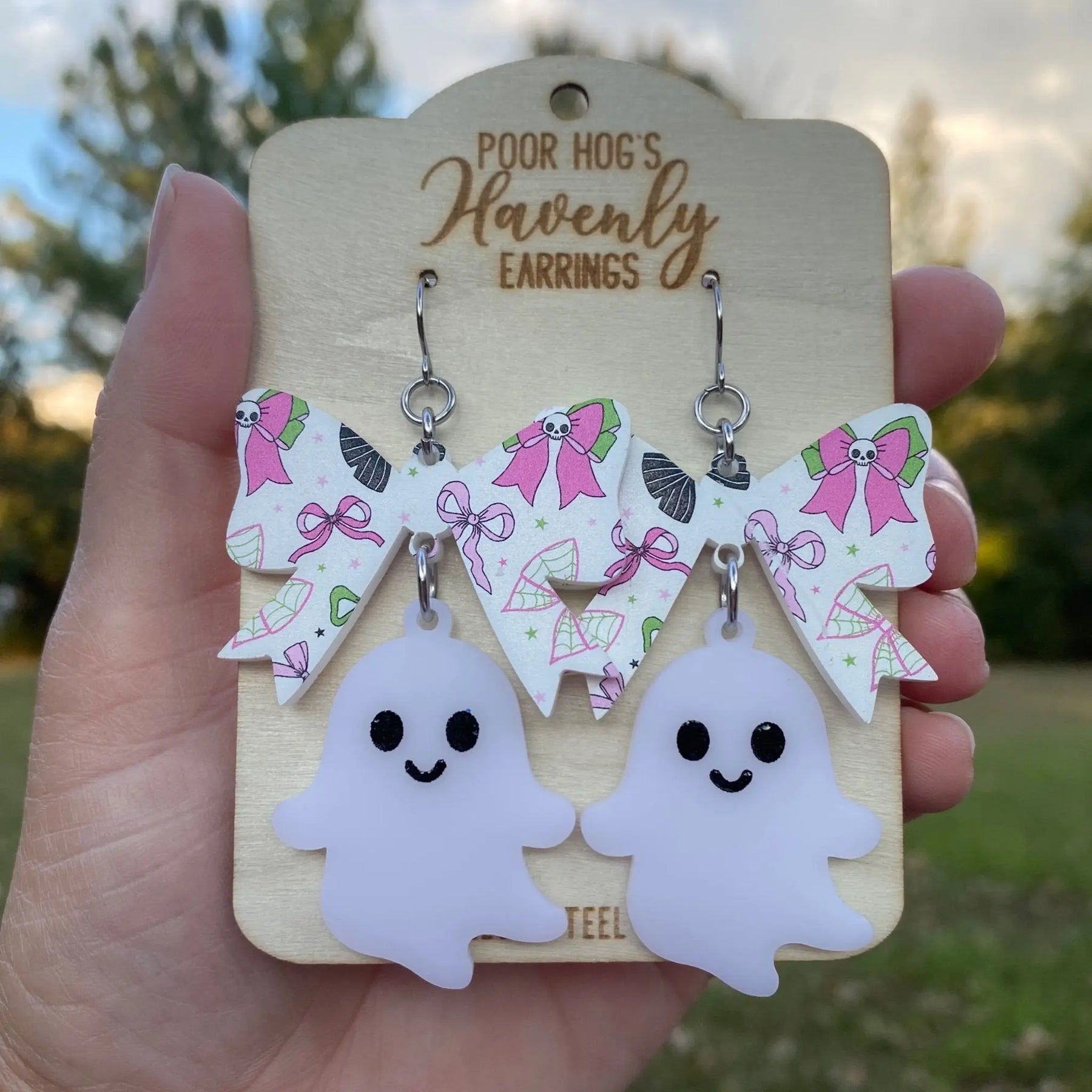 Spooky Cute Ghost Bow Earrings by Poor Hog Customs, handmade jewelry main product photo