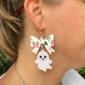 Spooky Cute Ghost Bow Earrings by Poor Hog Customs, handmade jewelry detail photo 4