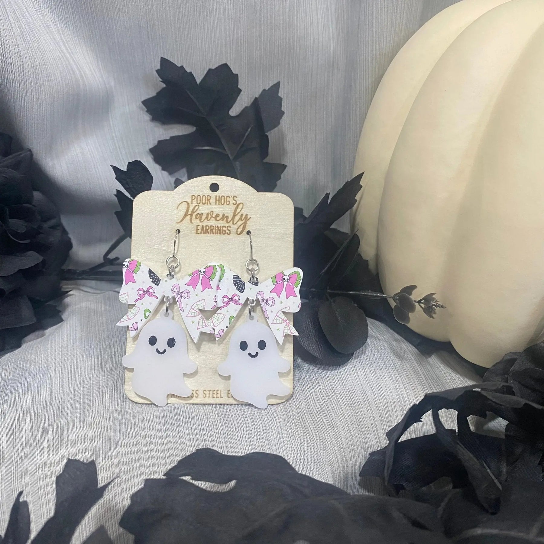 Spooky Cute Ghost Bow Earrings by Poor Hog Customs, handmade jewelry detail photo 5