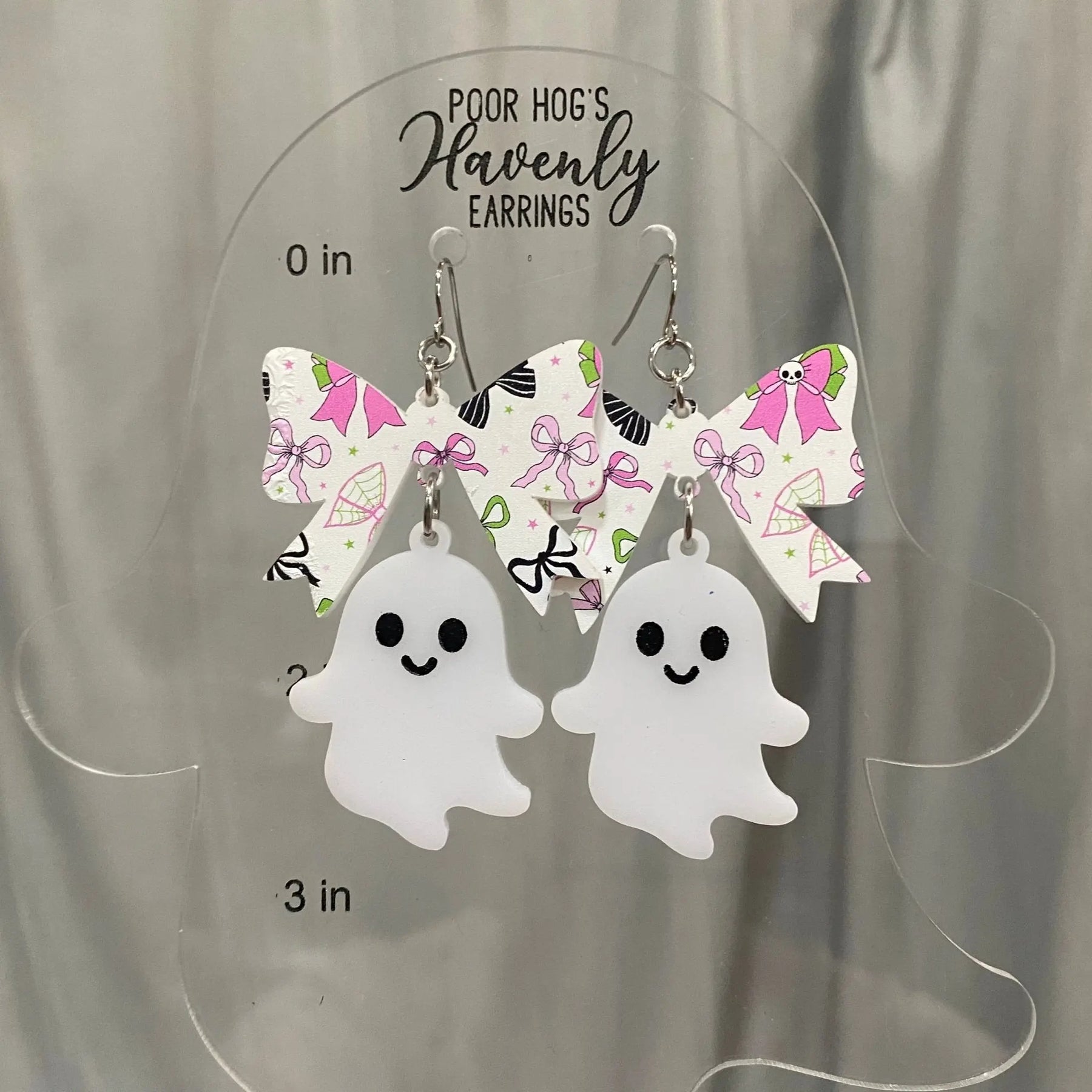 Spooky Cute Ghost Bow Earrings by Poor Hog Customs, handmade jewelry detail photo 7