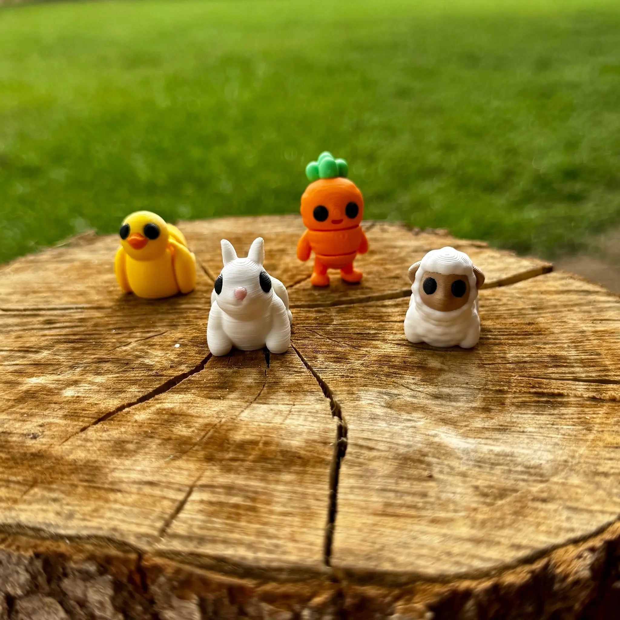 Easter Critters: 3D Printed Chick, Bunny, Carrot, Sheep Toys on Wood. Cute animal figurines for spring!